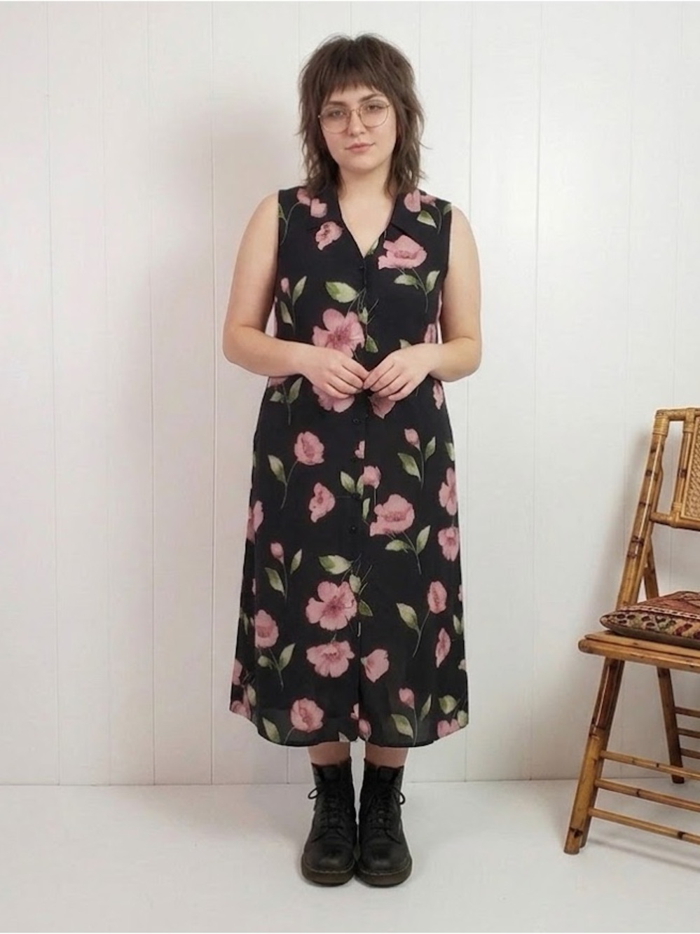 Vintage 90s Cottagecore Shift Shirt Dress Midi Sleeveless Floral Grunge size XL - Picture 2 of 12